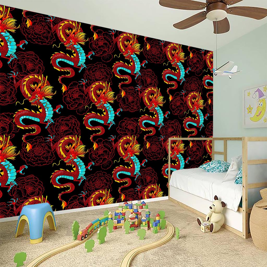 Red Dragon Lotus Pattern Print Wall Sticker