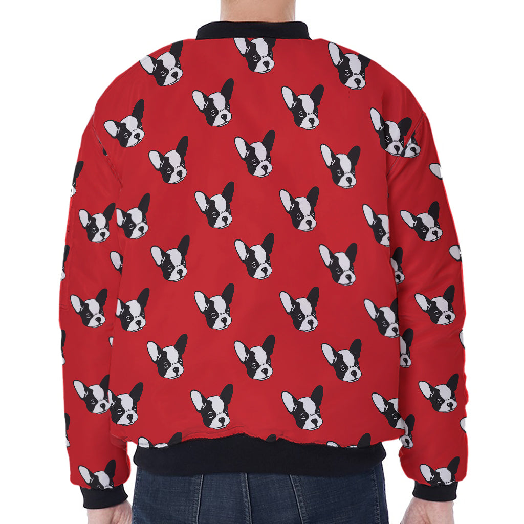 Red French Bulldog Pattern Print Zip Sleeve Bomber Jacket