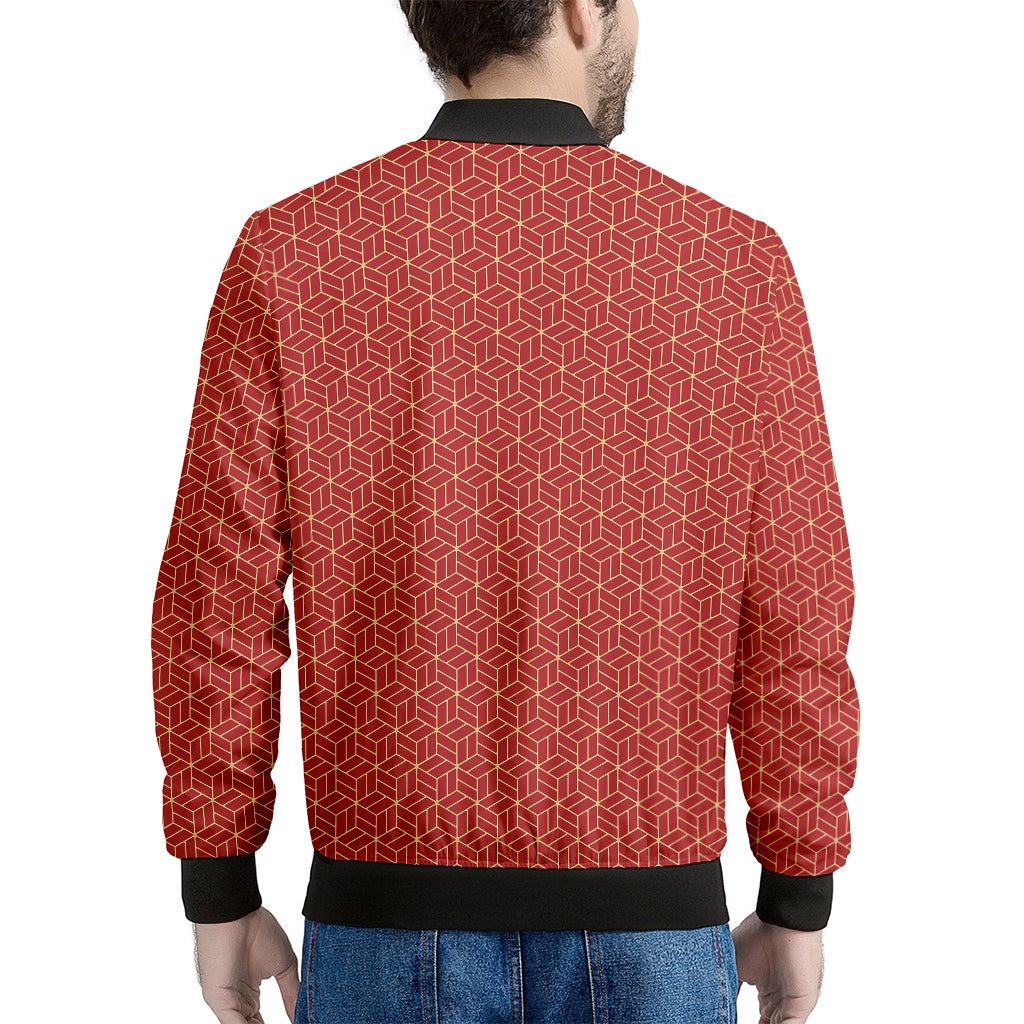 Red Geometric Japanese Pattern Print Men's Bomber Jacket