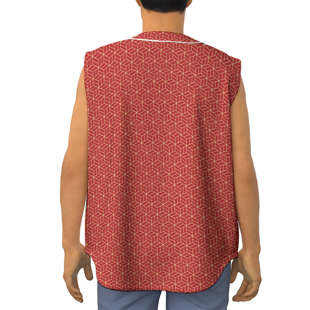 Red Geometric Japanese Pattern Print Sleeveless Baseball Jersey