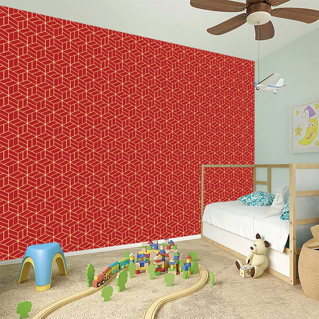 Red Geometric Japanese Pattern Print Wall Sticker