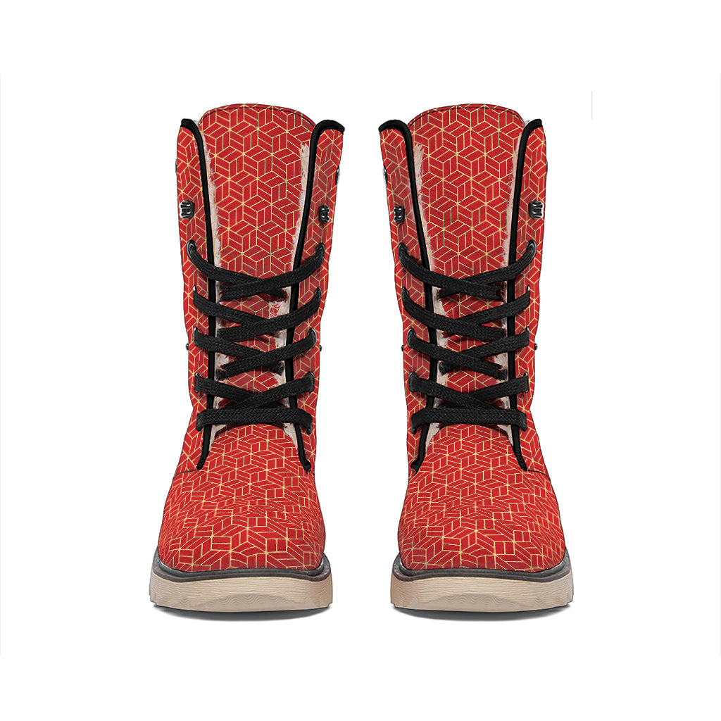 Red Geometric Japanese Pattern Print Winter Boots