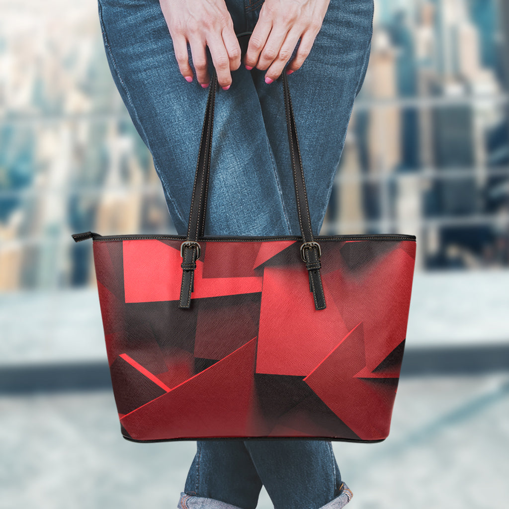 Red Geometric Print Leather Tote Bag