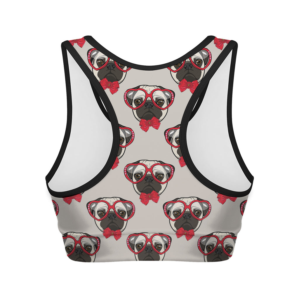 Red Glasses Pug Pattern Print Women's Sports Bra