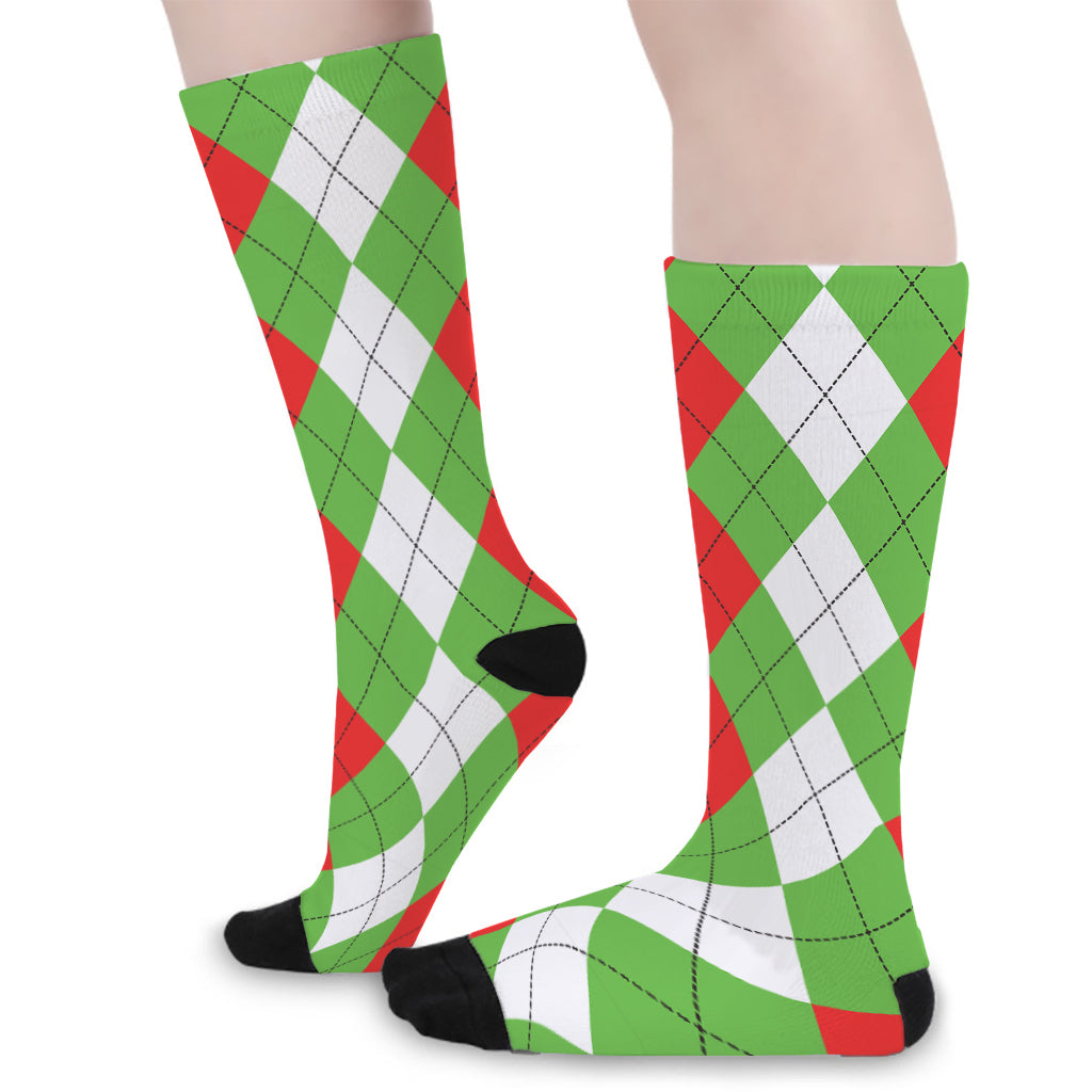Red Green And White Argyle Pattern Print Long Socks