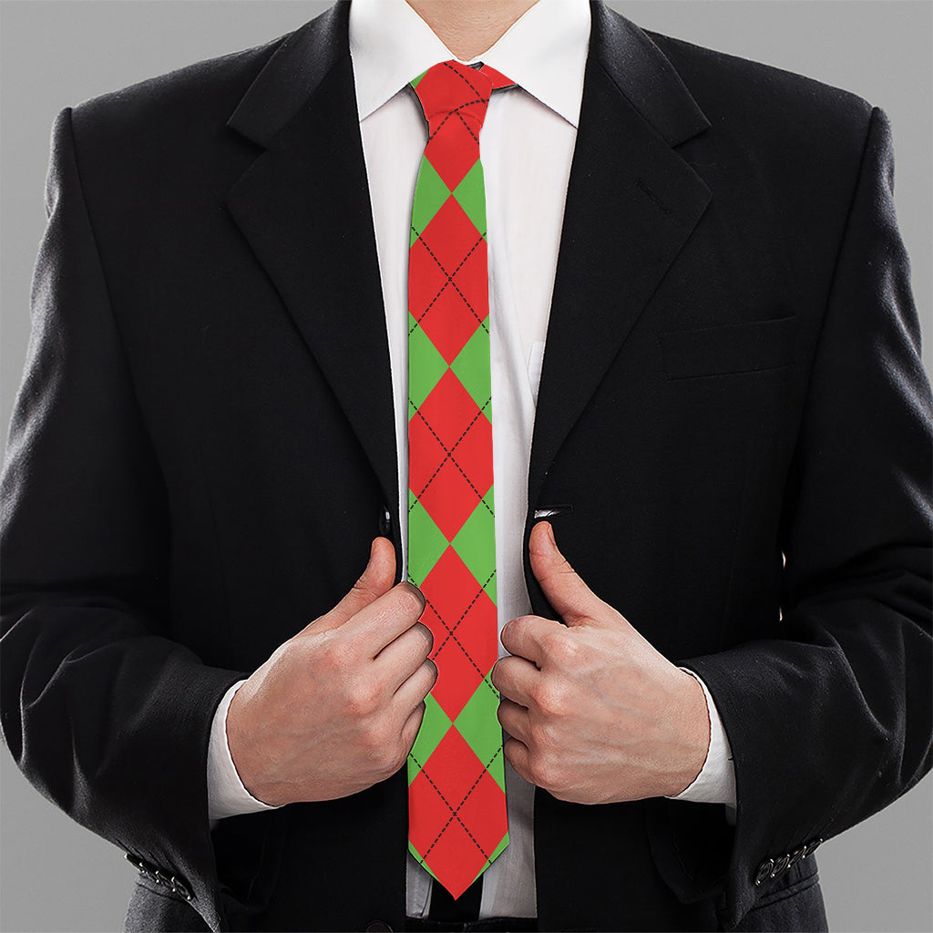 Red Green And White Argyle Pattern Print Necktie