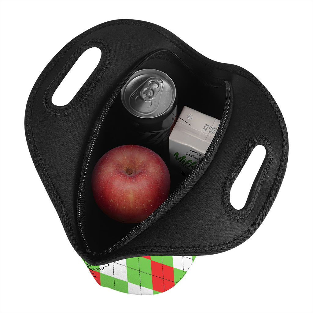 Red Green And White Argyle Pattern Print Neoprene Lunch Bag