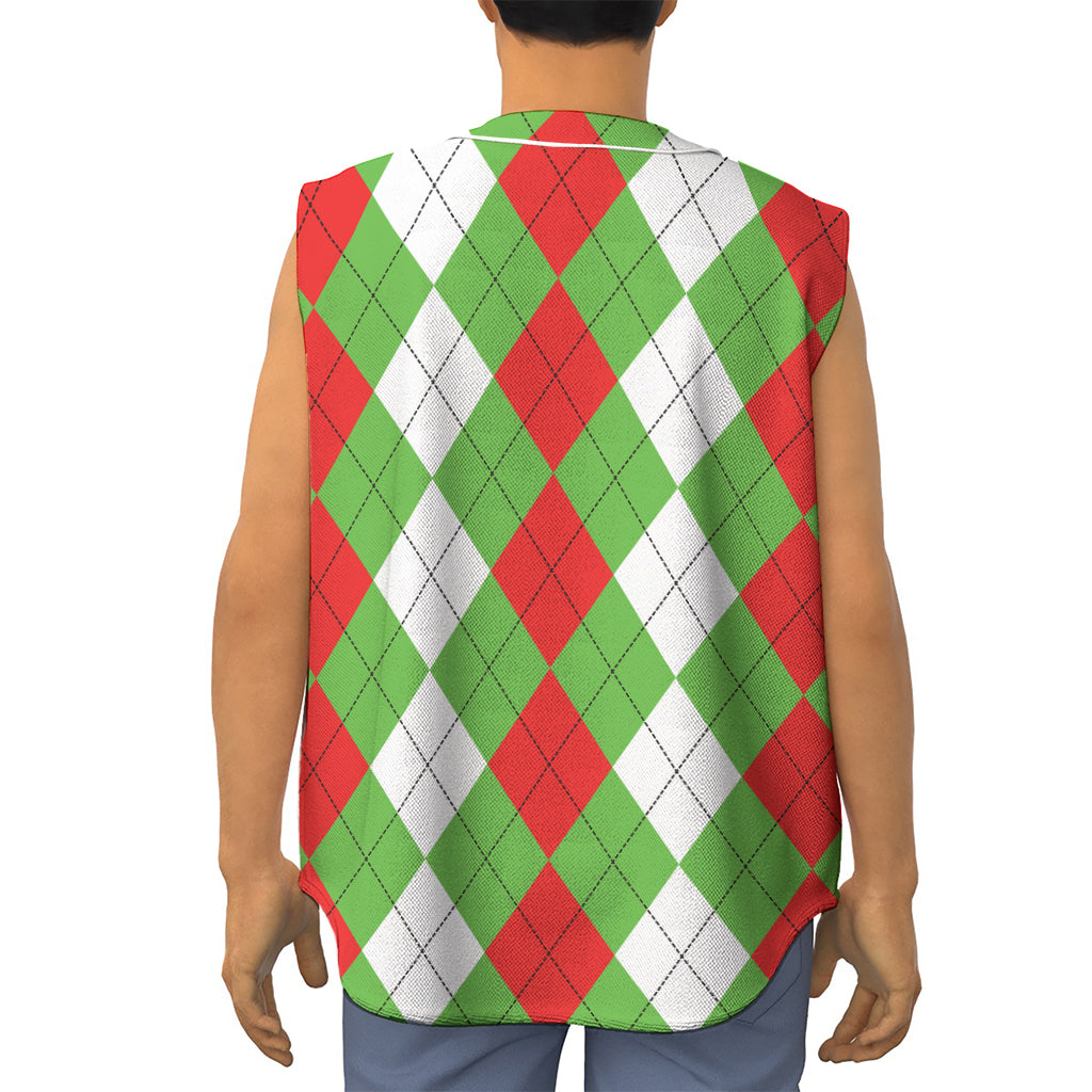 Red Green And White Argyle Pattern Print Sleeveless Baseball Jersey