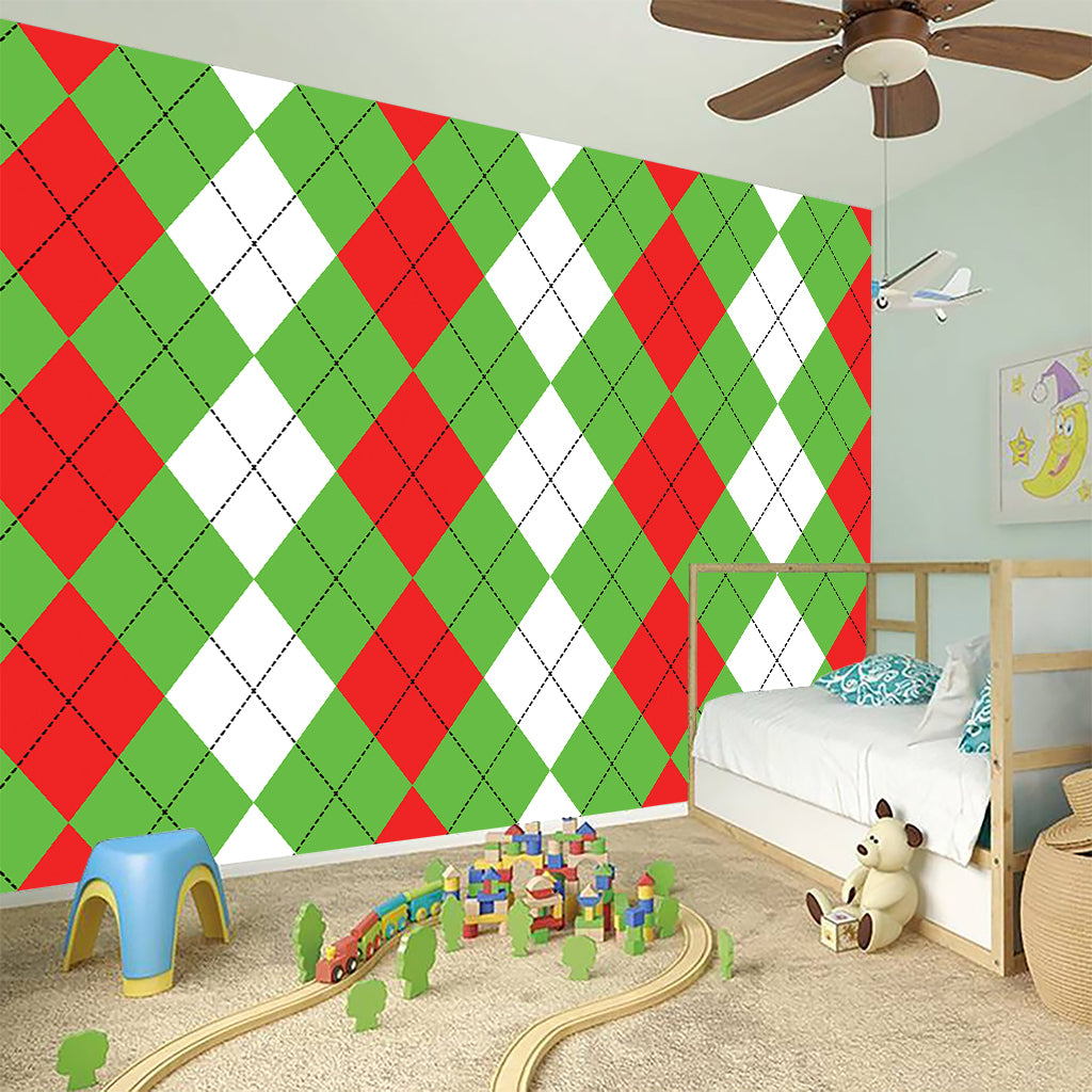 Red Green And White Argyle Pattern Print Wall Sticker