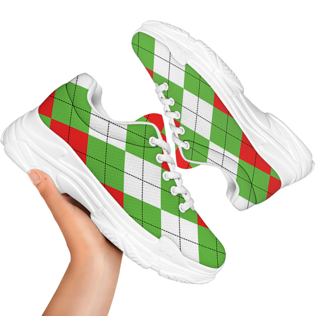 Red Green And White Argyle Pattern Print White Chunky Shoes