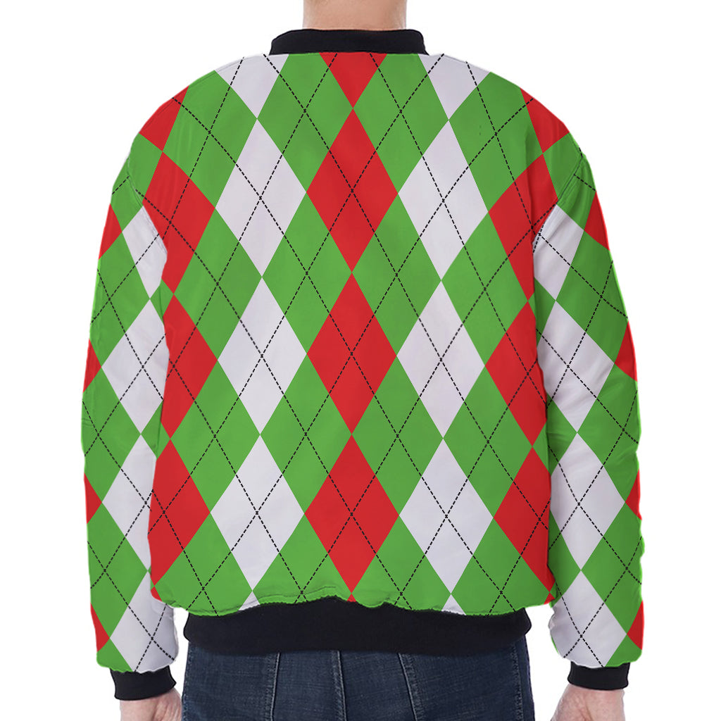 Red Green And White Argyle Pattern Print Zip Sleeve Bomber Jacket