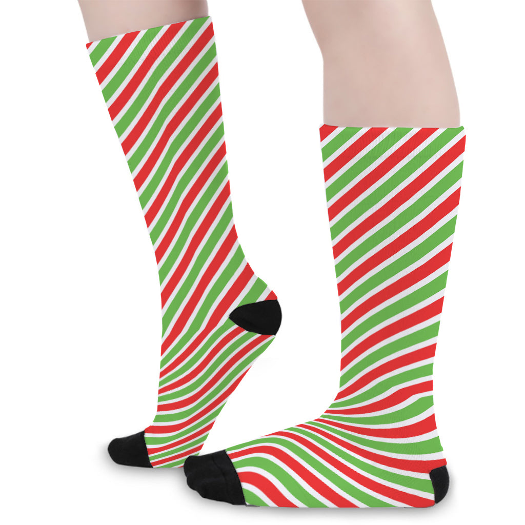 Red Green And White Candy Cane Print Long Socks