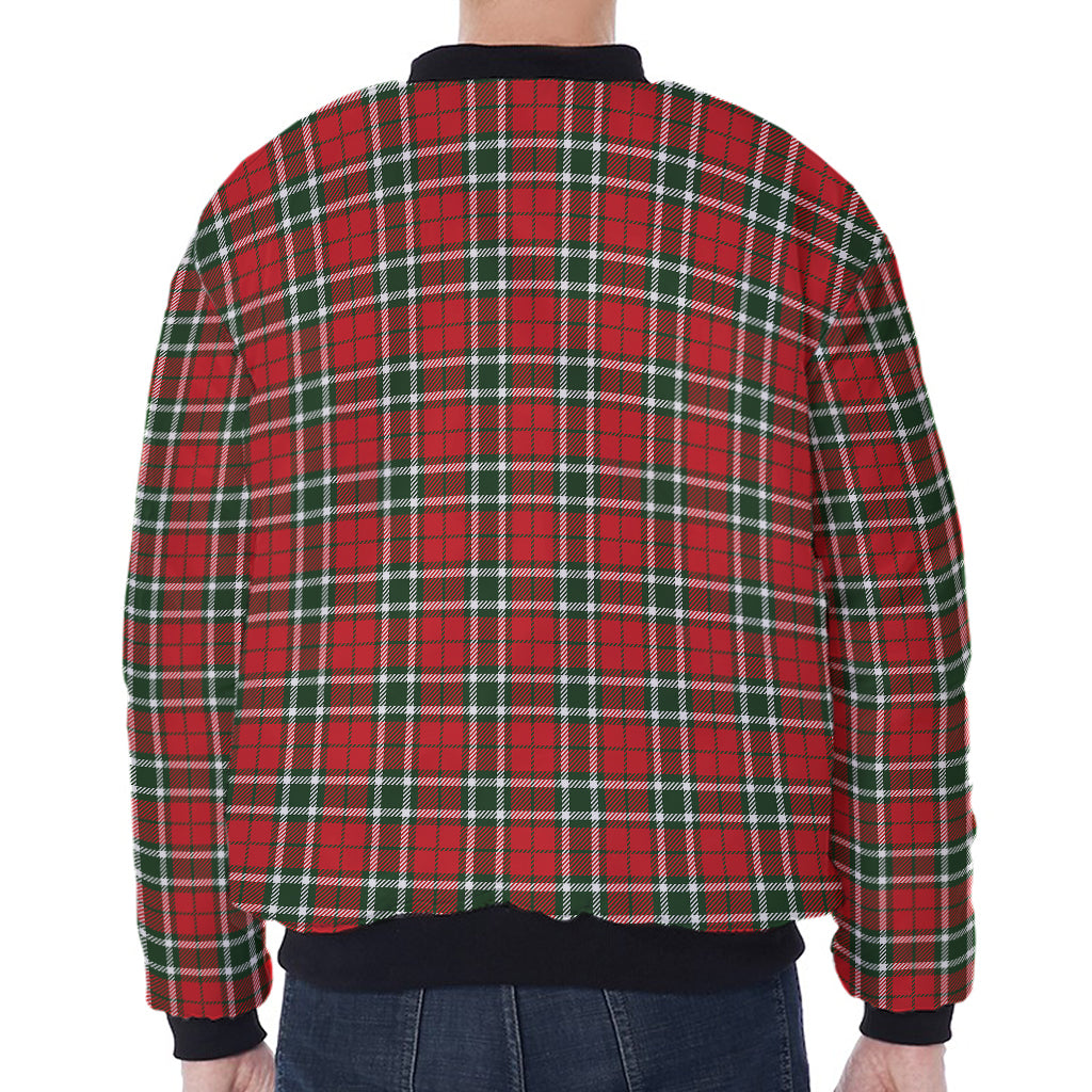 Red Green And White Tartan Pattern Print Zip Sleeve Bomber Jacket