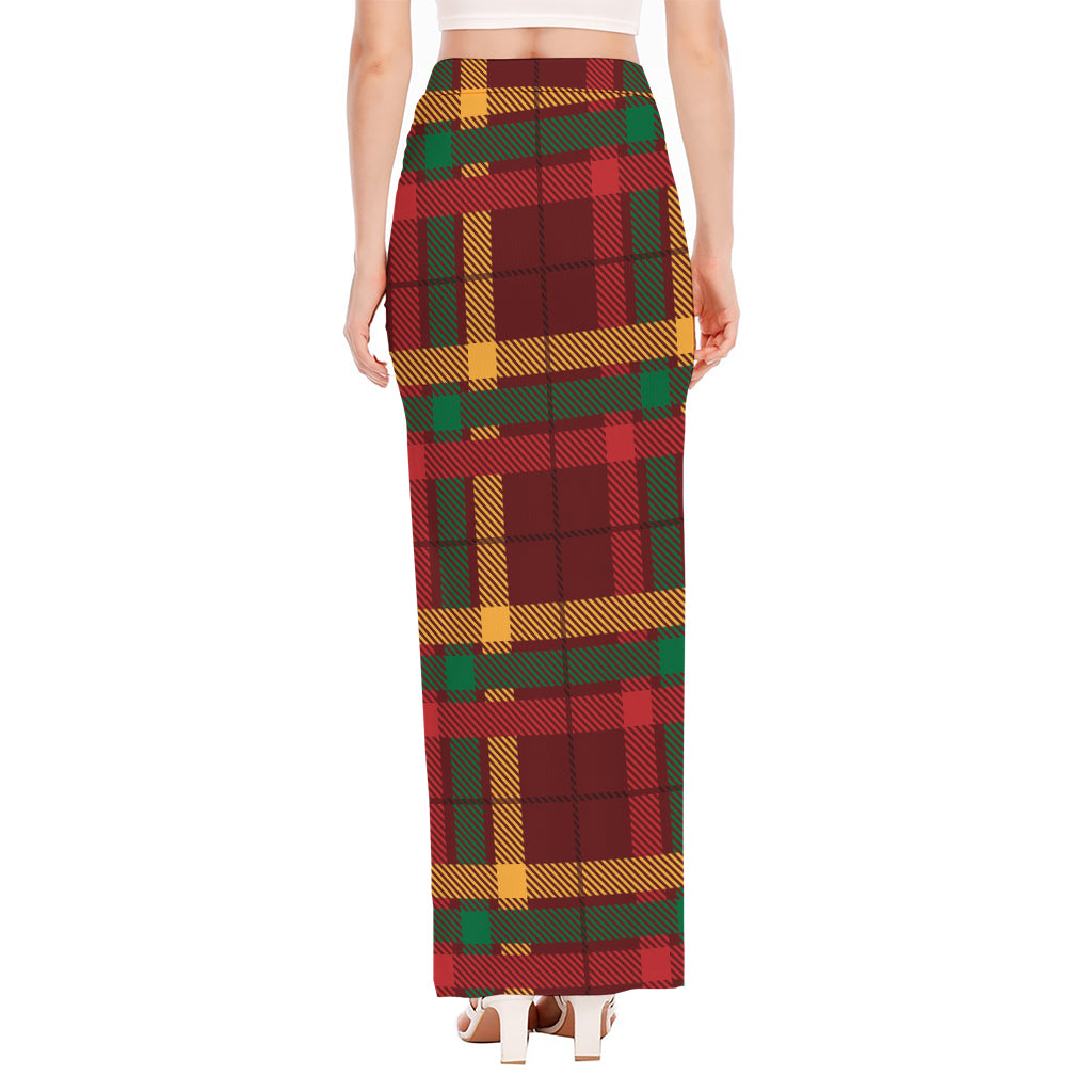 Red Green And Yellow Stewart Print High Slit Maxi Skirt