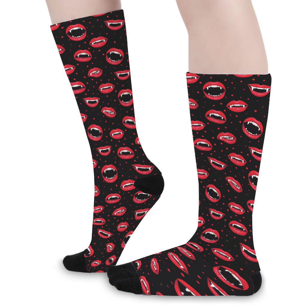 Red Halloween Vampire Lips Pattern Print Long Socks
