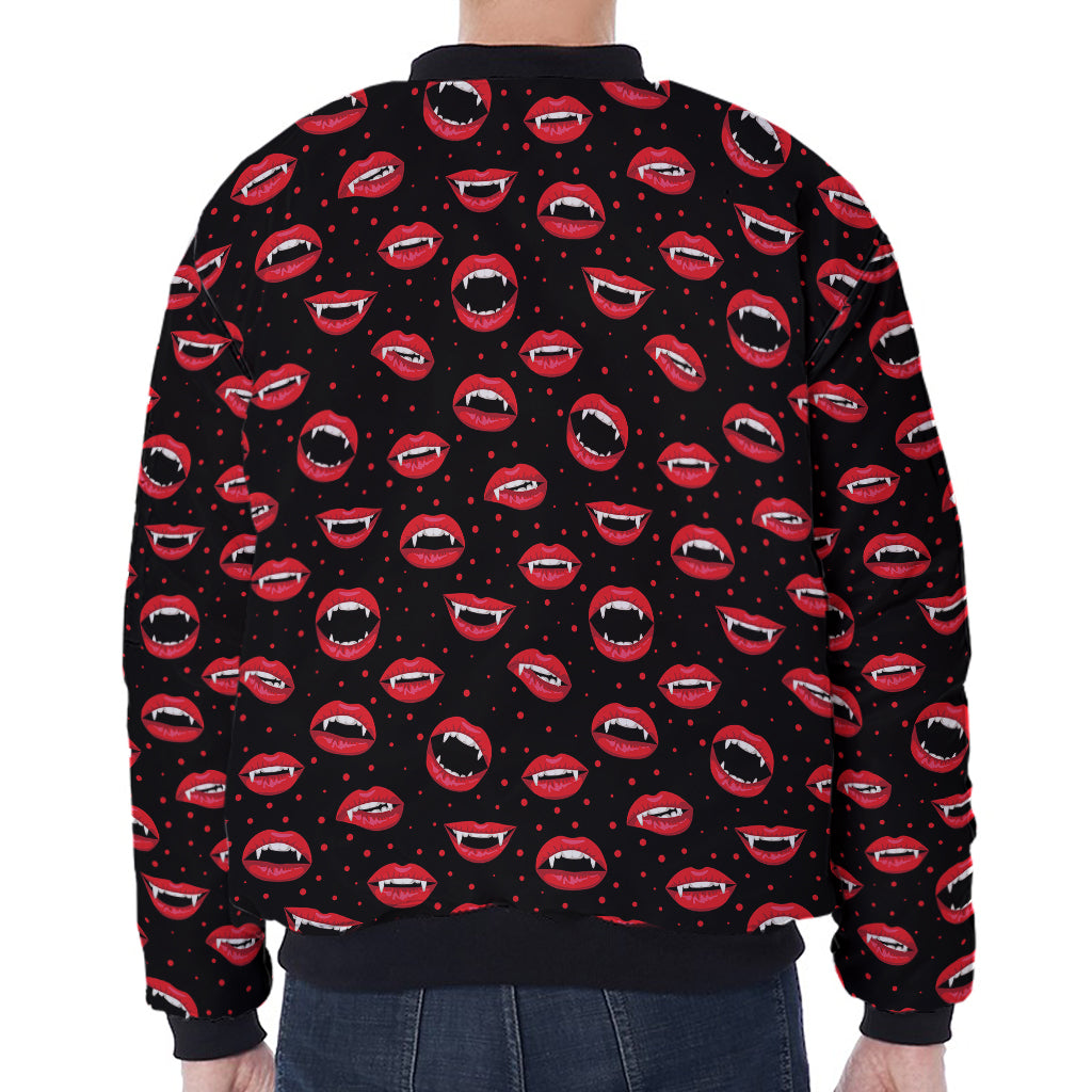 Red Halloween Vampire Lips Pattern Print Zip Sleeve Bomber Jacket