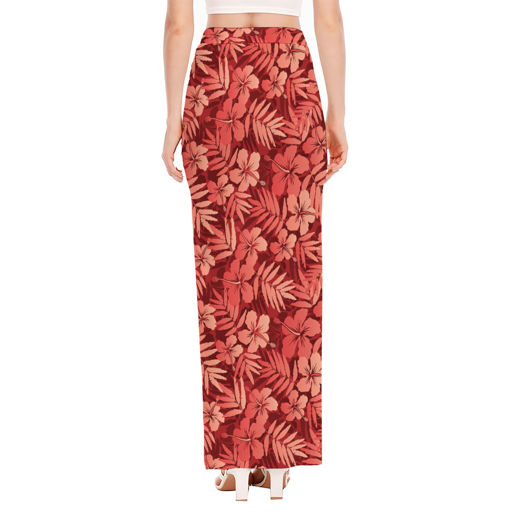 Red Hawaiian Tropical Pattern Print High Slit Maxi Skirt