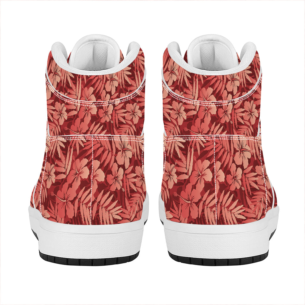 Red Hawaiian Tropical Pattern Print High Top Leather Sneakers