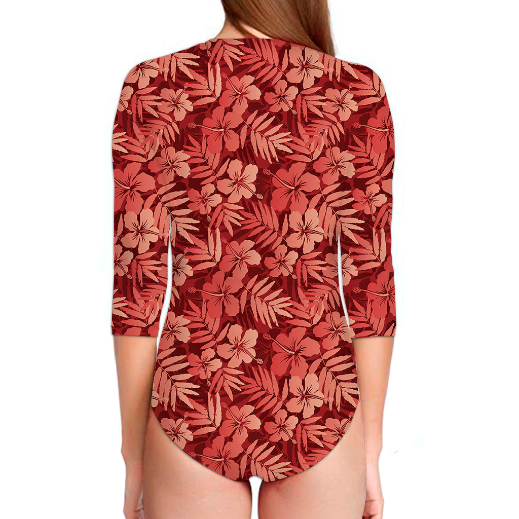 Red Hawaiian Tropical Pattern Print Long Sleeve Swimsuit