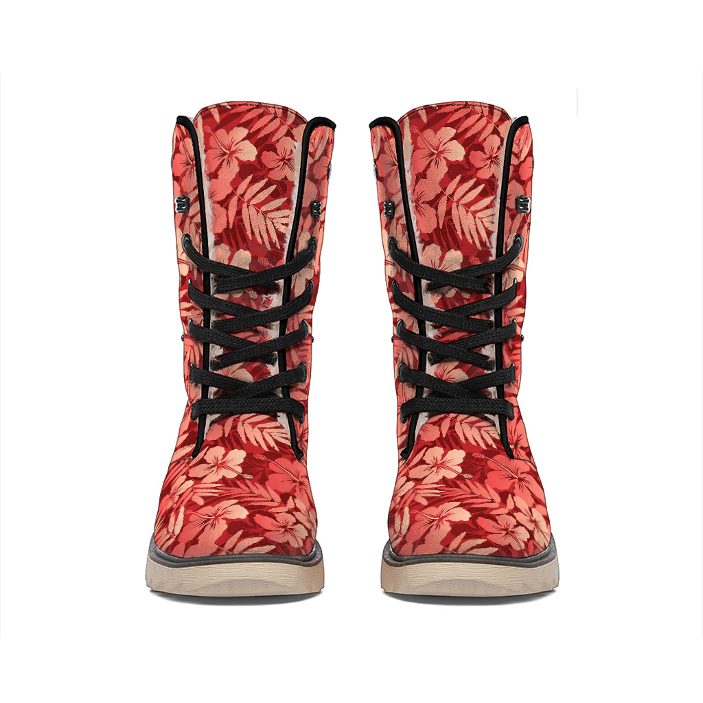 Red Hawaiian Tropical Pattern Print Winter Boots