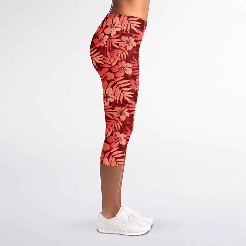 Red Hawaiian Tropical Pattern Print Women's Capri Leggings