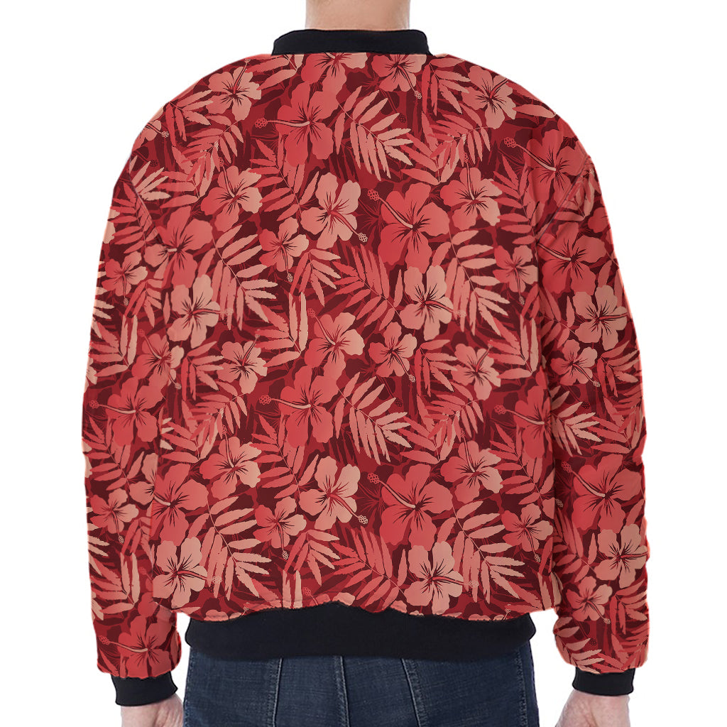 Red Hawaiian Tropical Pattern Print Zip Sleeve Bomber Jacket