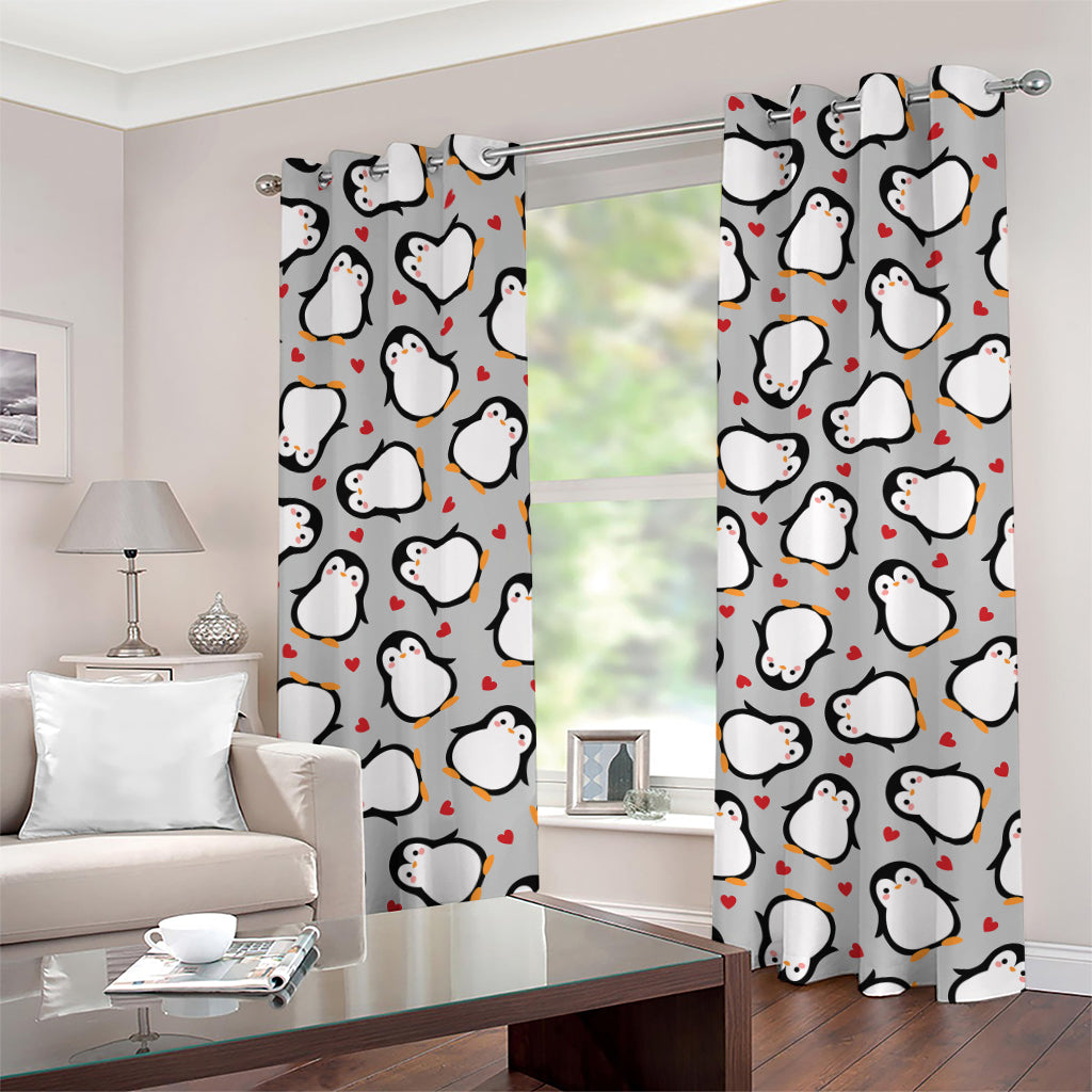 Red Heart And Penguin Pattern Print Grommet Curtains