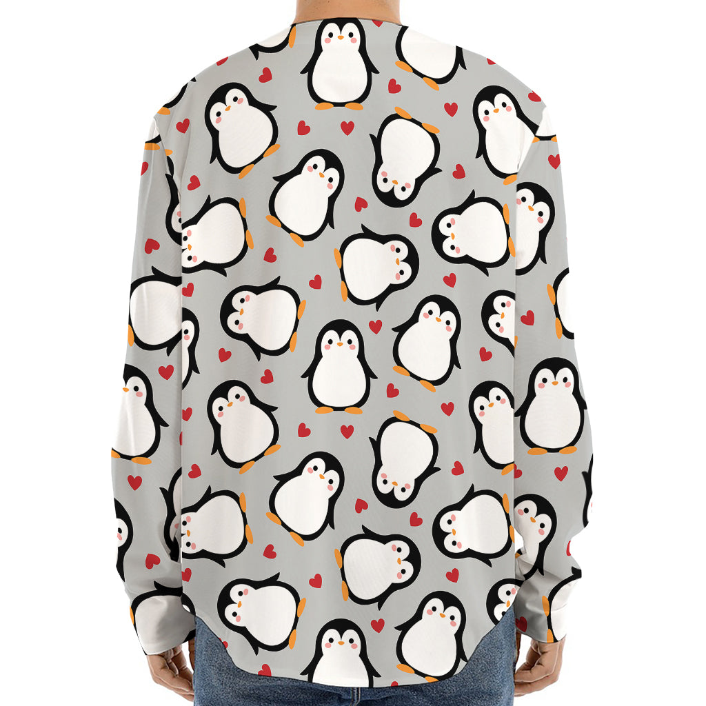 Red Heart And Penguin Pattern Print Long Sleeve Baseball Jersey
