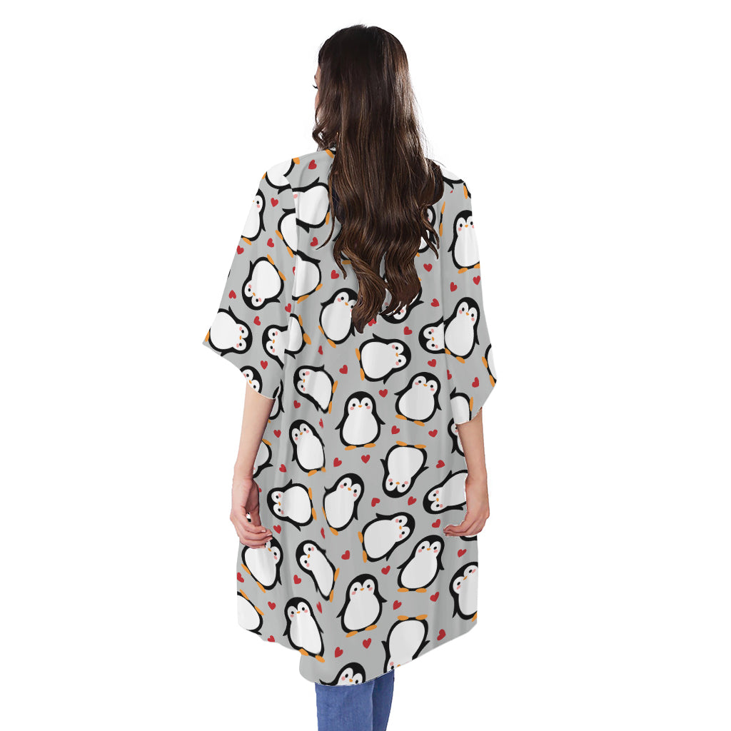 Red Heart And Penguin Pattern Print Open Front Beach Cover Up