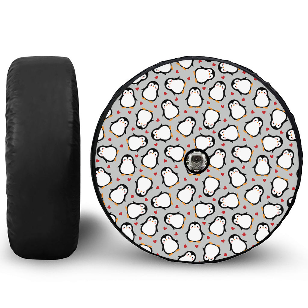 Red Heart And Penguin Pattern Print Tire Cover With Camera Hole