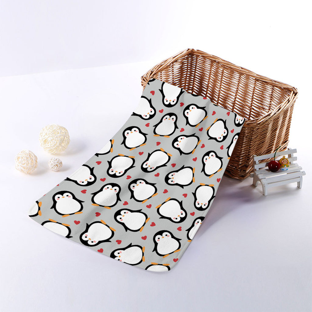 Red Heart And Penguin Pattern Print Towel