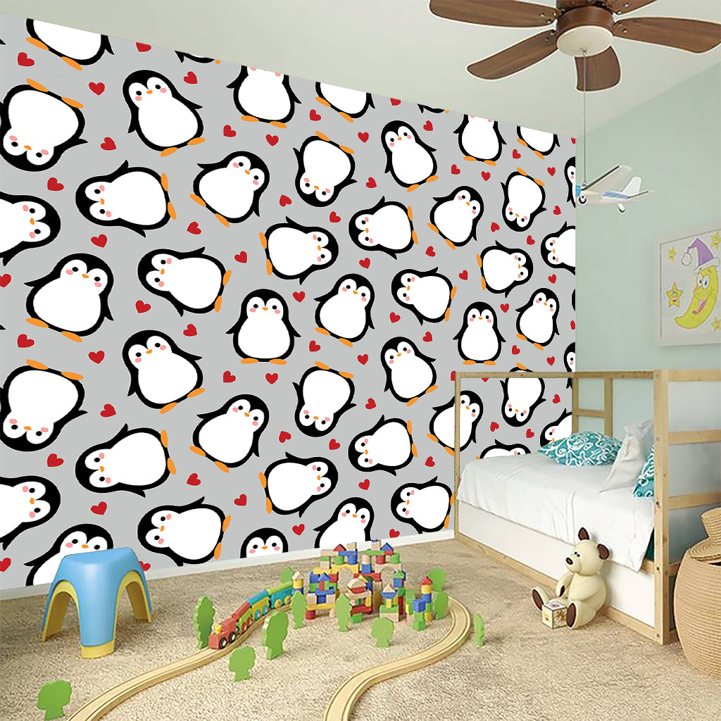Red Heart And Penguin Pattern Print Wall Sticker