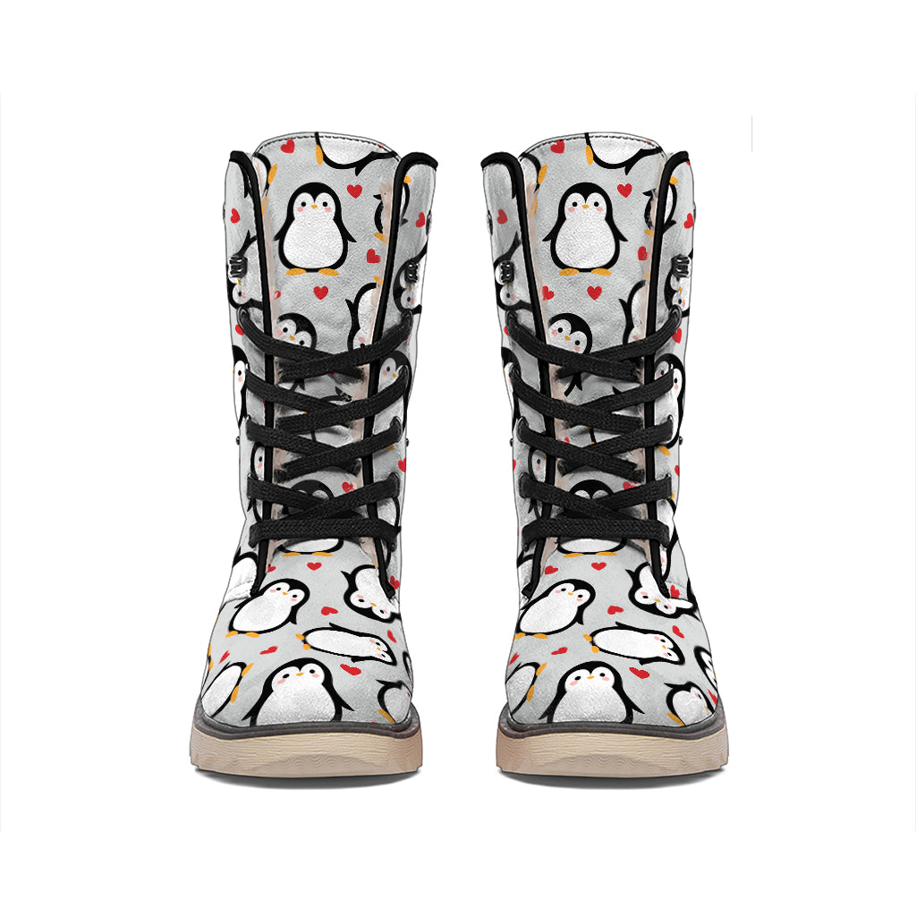 Red Heart And Penguin Pattern Print Winter Boots
