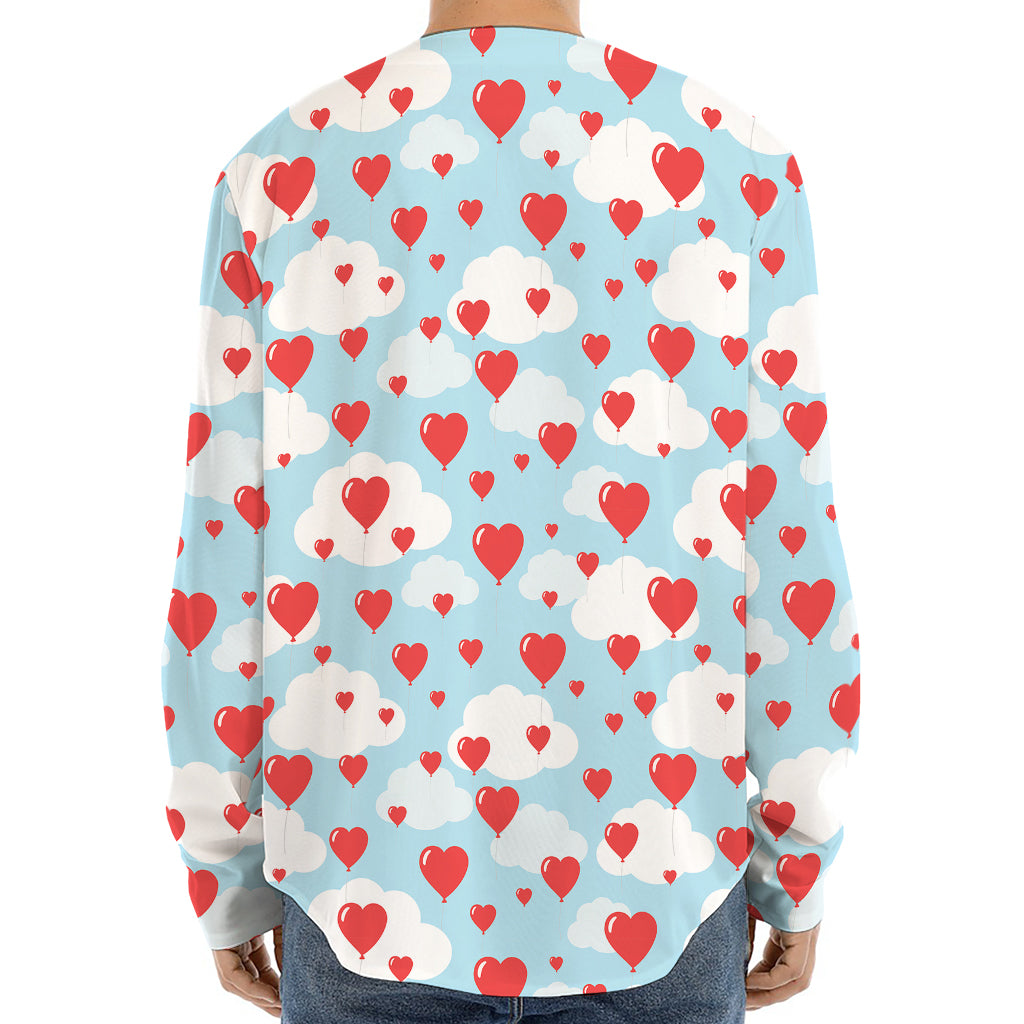 Red Heart Balloon Pattern Print Long Sleeve Baseball Jersey