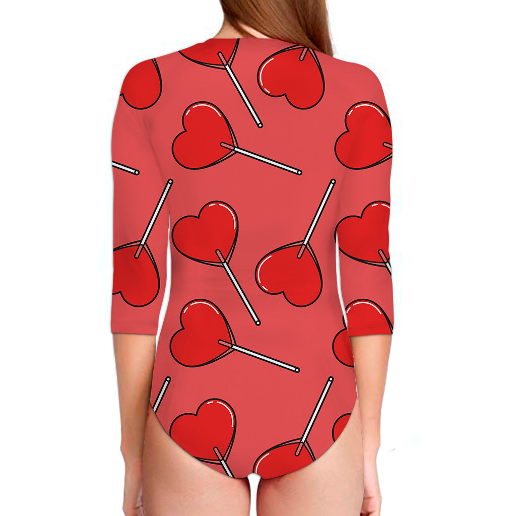 Red Heart Lollipop Pattern Print Long Sleeve Swimsuit