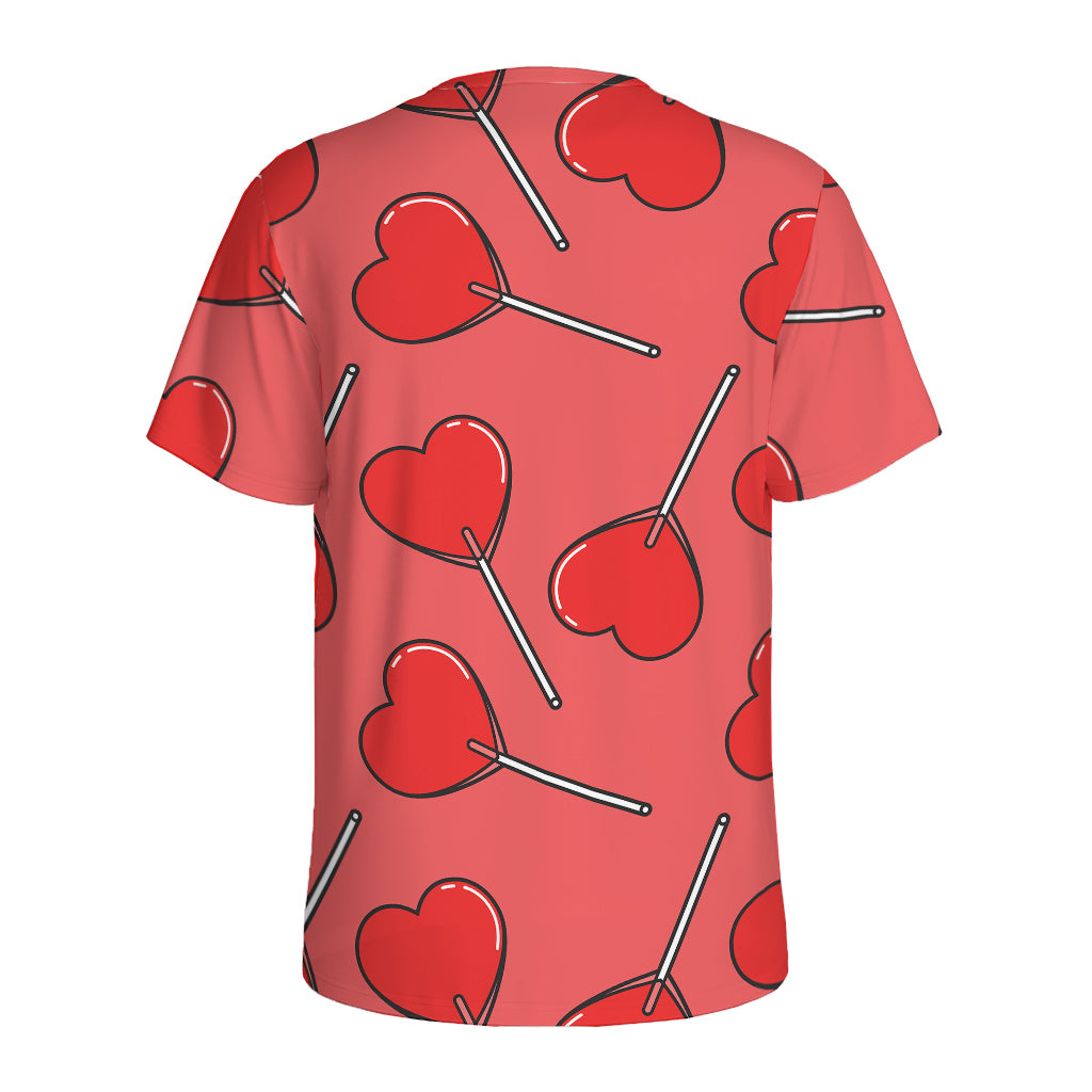 Red Heart Lollipop Pattern Print Men's Sports T-Shirt