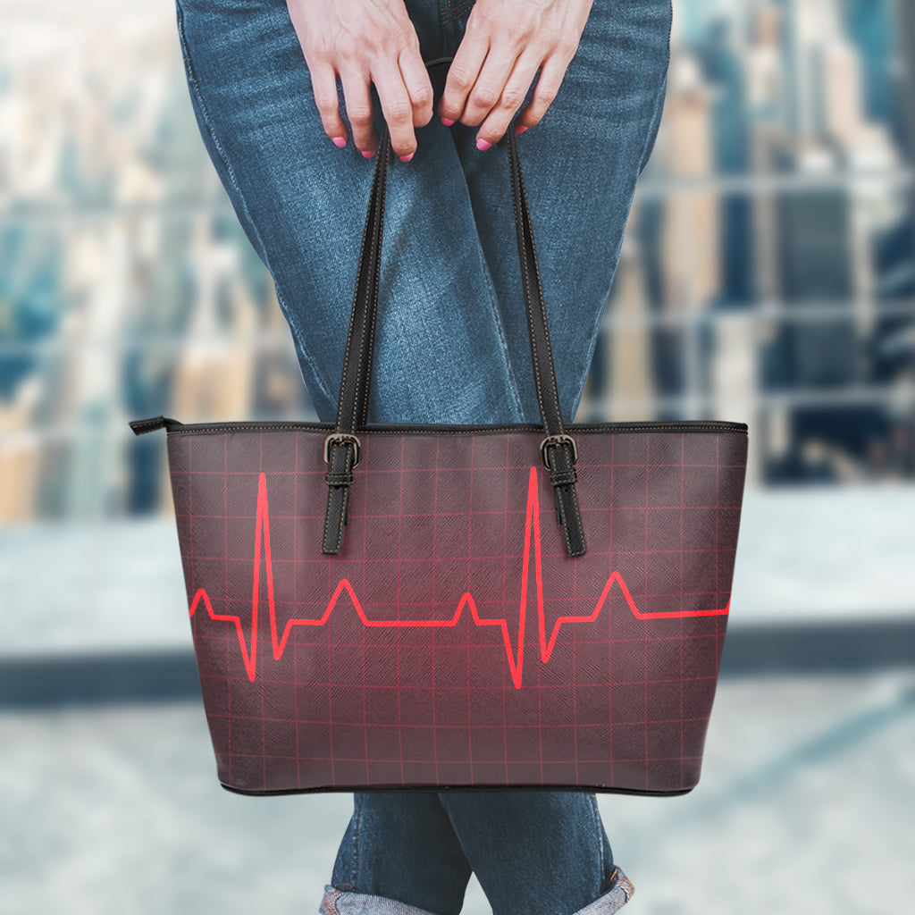 Red Heartbeat Print Leather Tote Bag