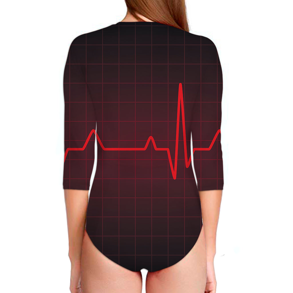 Red Heartbeat Print Long Sleeve Swimsuit