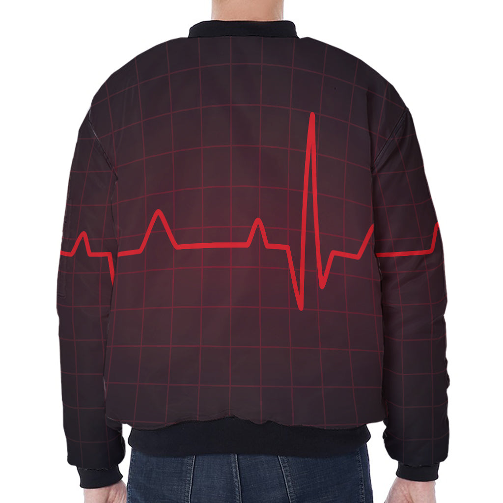 Red Heartbeat Print Zip Sleeve Bomber Jacket