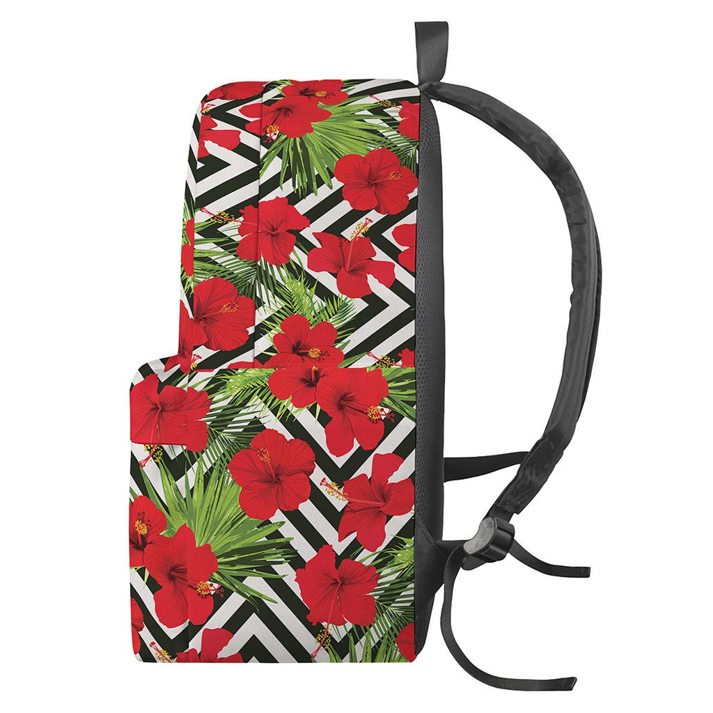 Red Hibiscus Chevron Pattern Print Backpack