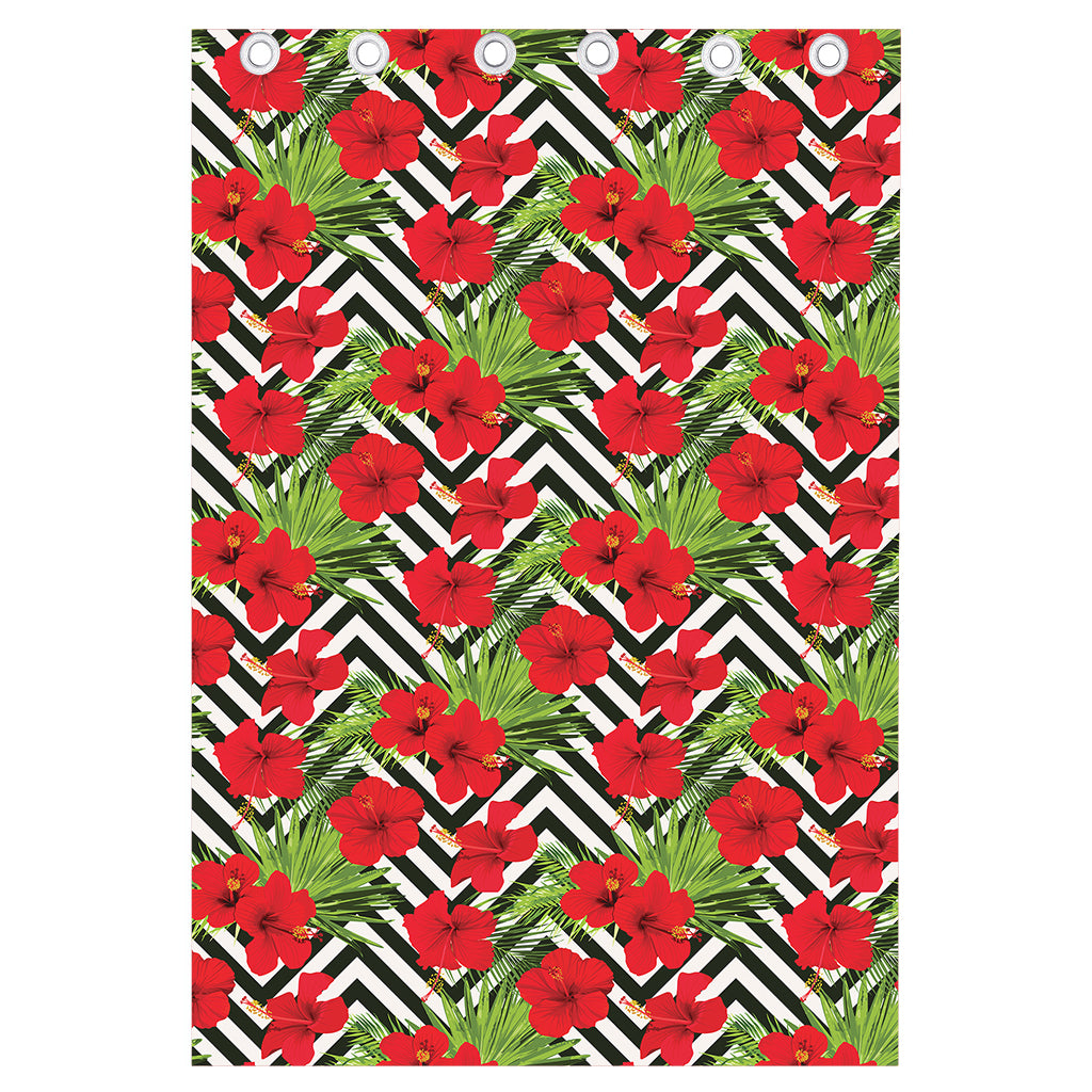 Red Hibiscus Chevron Pattern Print Curtain