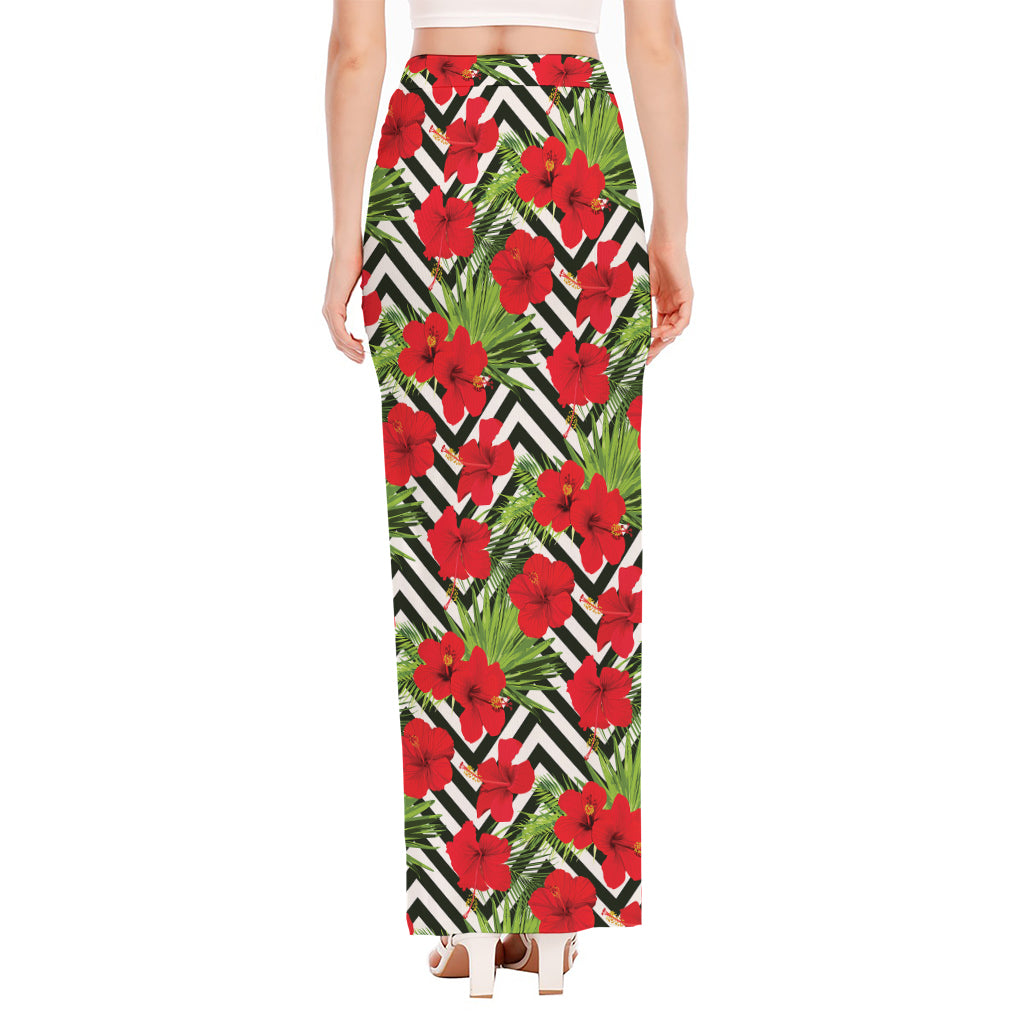 Red Hibiscus Chevron Pattern Print High Slit Maxi Skirt