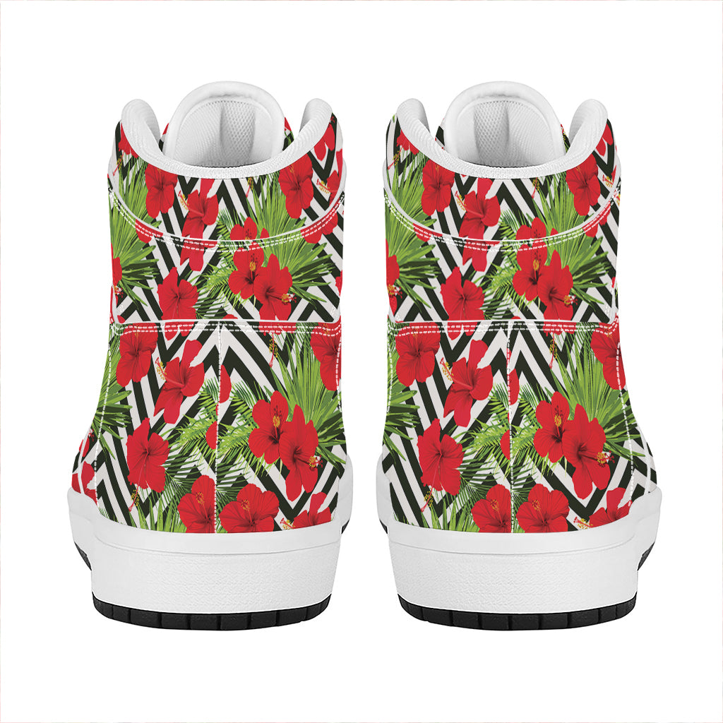 Red Hibiscus Chevron Pattern Print High Top Leather Sneakers