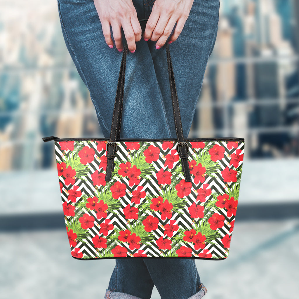 Red Hibiscus Chevron Pattern Print Leather Tote Bag
