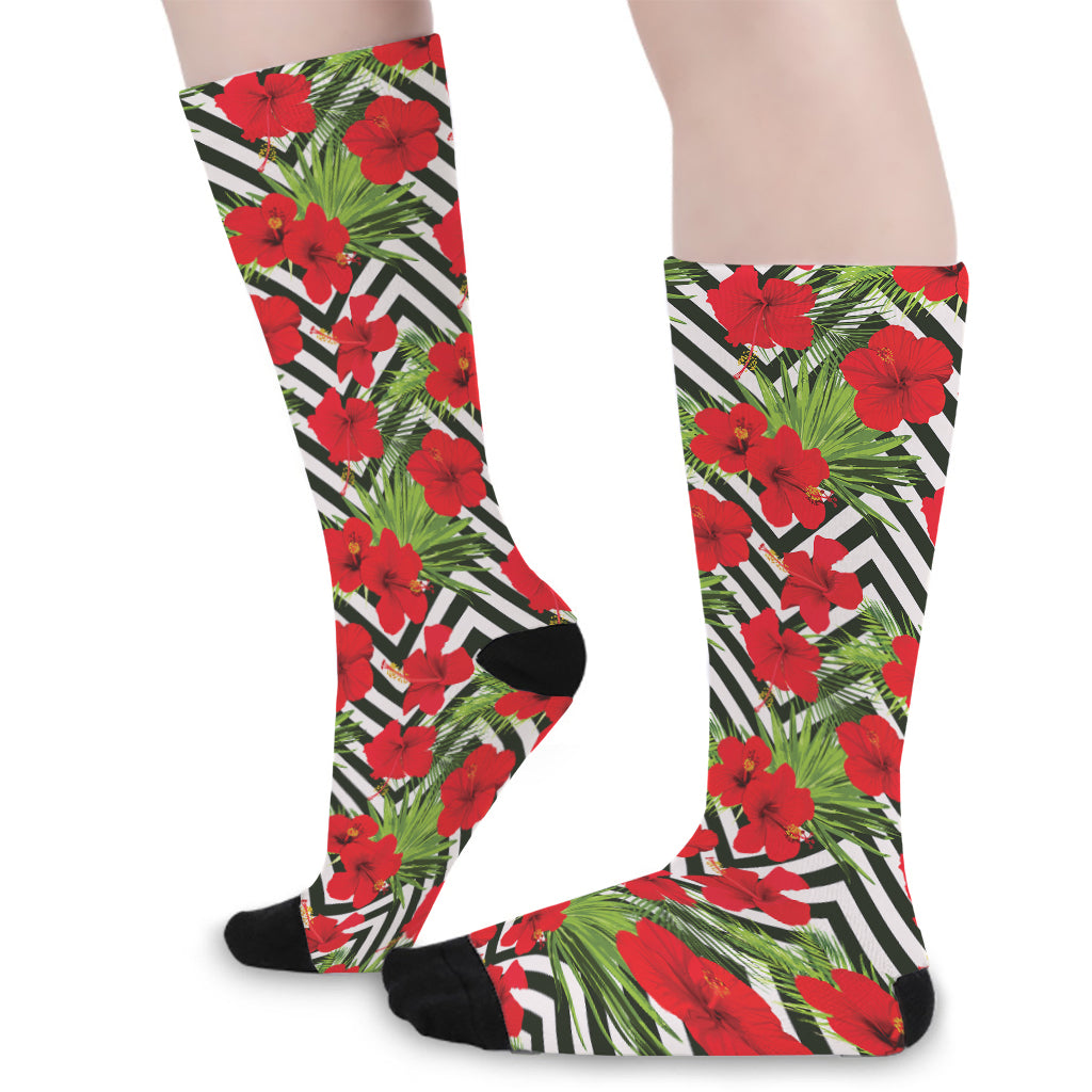 Red Hibiscus Chevron Pattern Print Long Socks