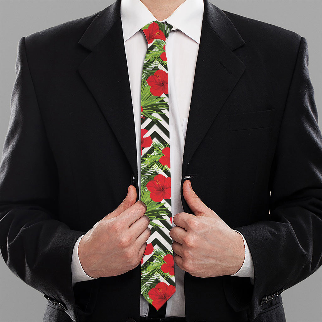 Red Hibiscus Chevron Pattern Print Necktie