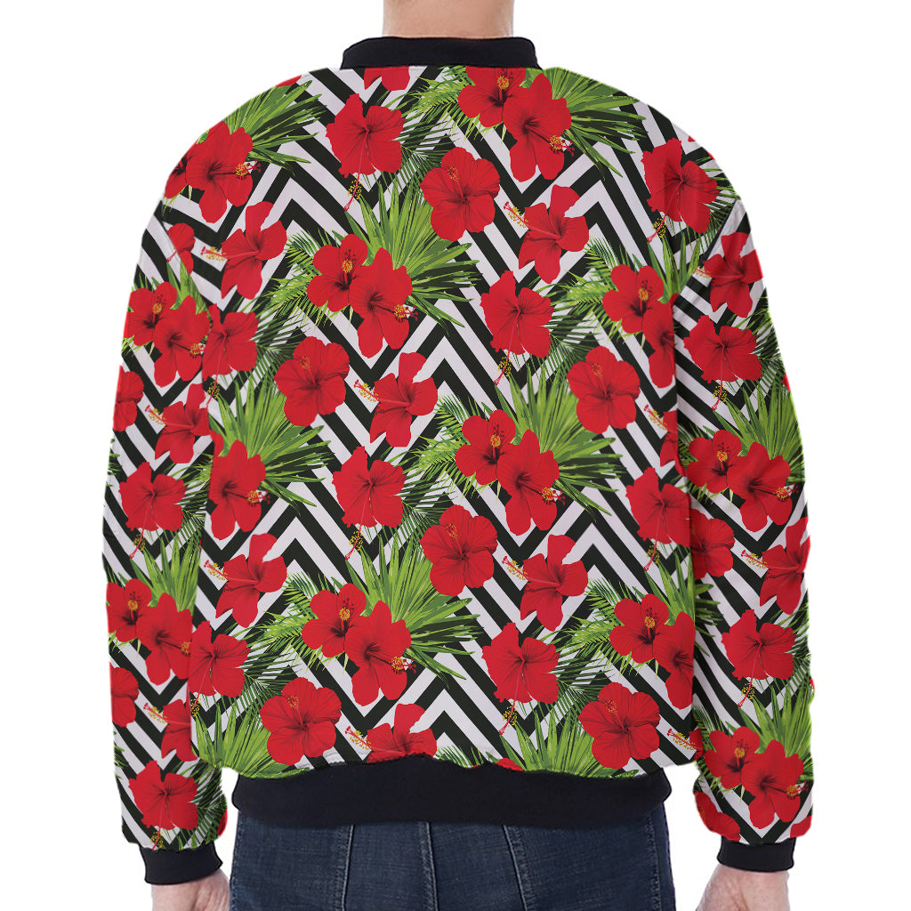 Red Hibiscus Chevron Pattern Print Zip Sleeve Bomber Jacket