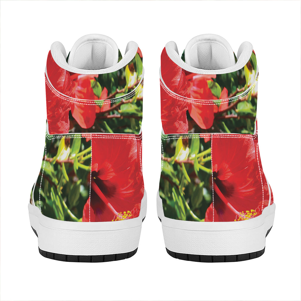 Red Hibiscus Flowers Print High Top Leather Sneakers