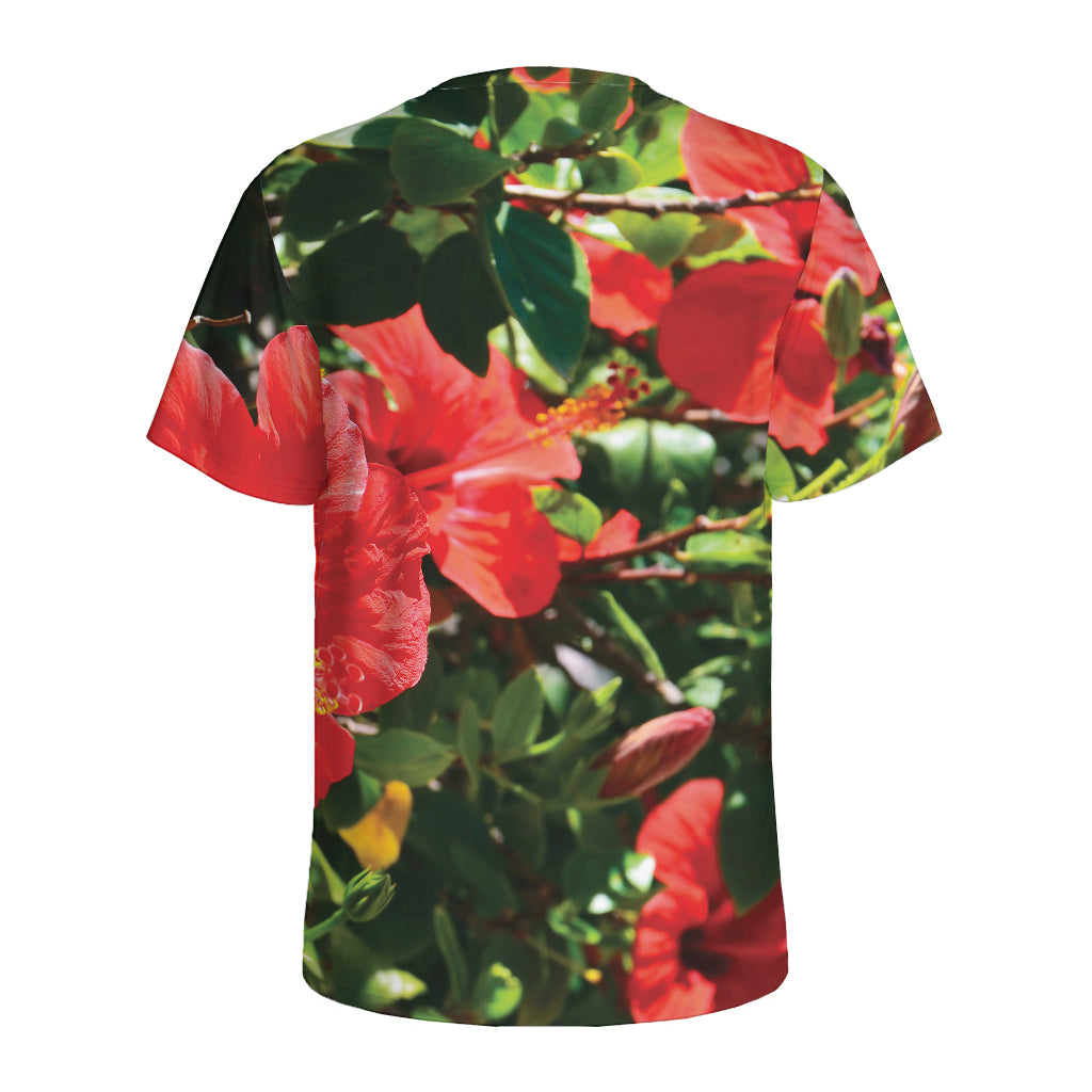 Red Hibiscus Flowers Print Men's Sports T-Shirt