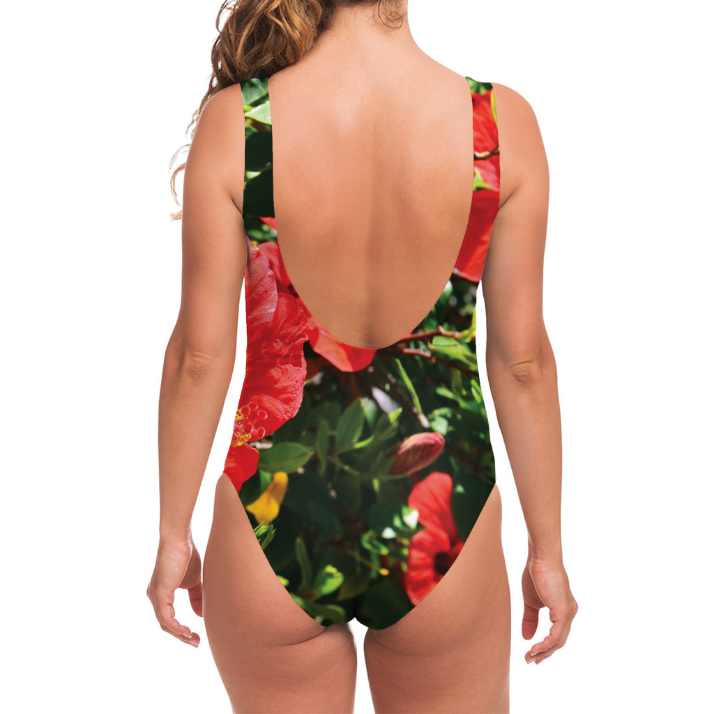 Red Hibiscus Flowers Print One Piece Swimsuit